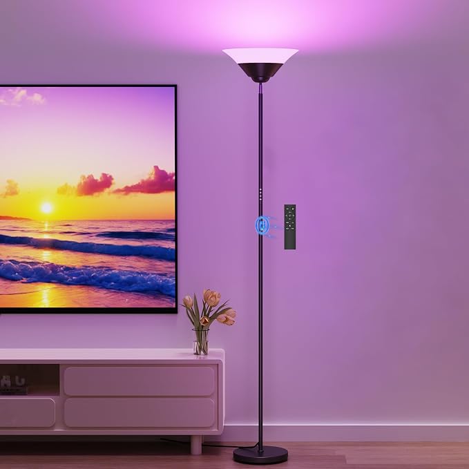 RGB Torchiere Floor Lamp, 30W Dimmable LED Standing Lamp with Remote, Multi Color Changing, 72in Tall Corner Light, Bright Standing Pole Light for Office Living Room Bedroom Basement