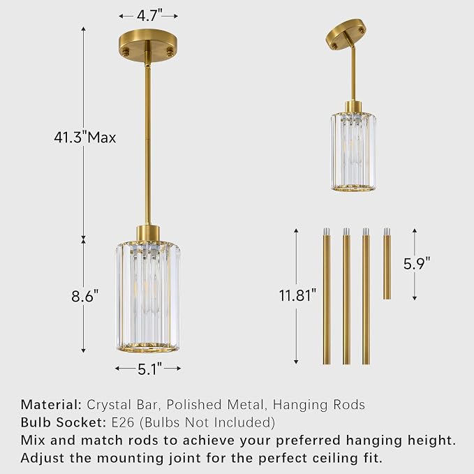5.1" Mini Modern Gold Crystal Kitchen Island Pendant Lights 2 Pack | Small Crystal Glass Shade, Sparkling Crystal Reflection, Customizable Hanging Height,Fits Most Ceilings, Modern Brushed Brass