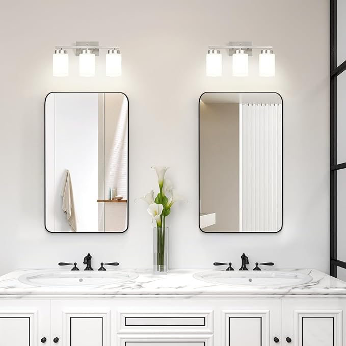 IZORRO Modern Bathroom Light Fixtures, 3 Light Brushed Nickel Vanity Lights, Bathroom Lighting Fixtures Over Mirror with White Glass for Living Room Cabinet Bedroom