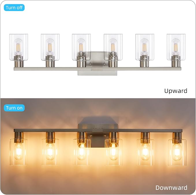 6-Light Bathroom Vanity Light, Brushed Nickel Vanity Lights for Bathroom, Bathroom Lights Fixtures Over Mirror, Large Vanity Light Over Mirror Modern Wall Sconce with Clear Glass Shade