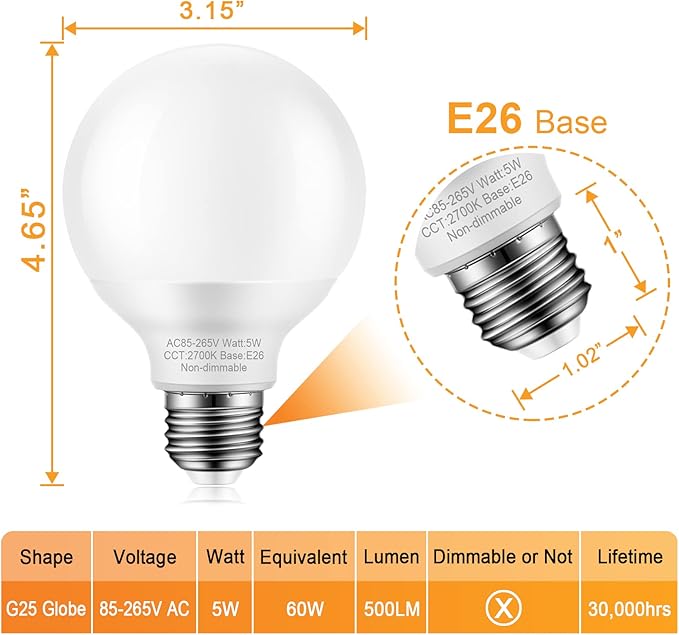 8 Pack Warm White Bathroom Light Bulbs, 60 watt Equivalent, E26 Medium Base, G25 LED Globe Light Bulbs for Bathroom Vanity, 2700K Round Light Bulb Over Mirror, 120V, Non-dimmable