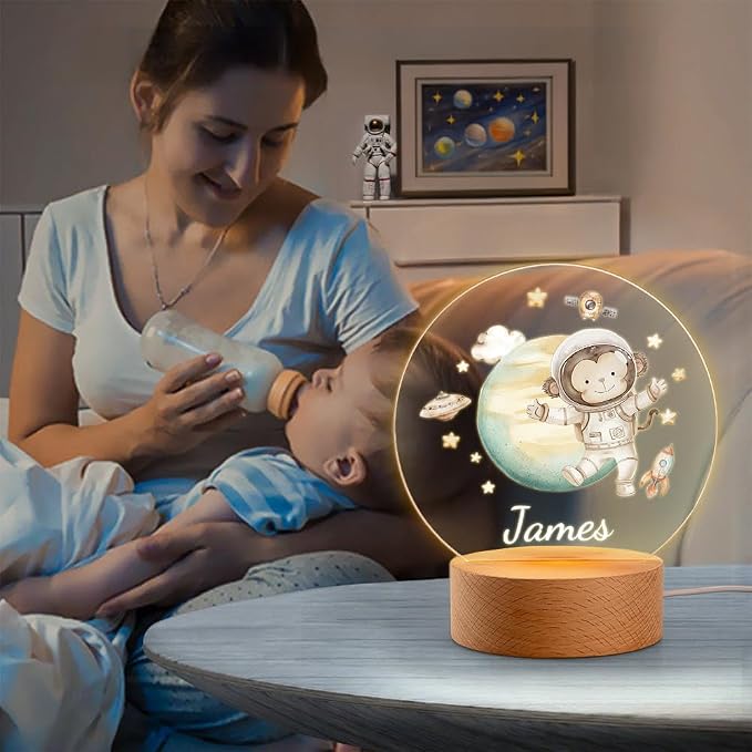 Custom Animal Astronauts Night Light, Personalized Cute LED Light for Kids with Name and Wooden Base Nursery Decor