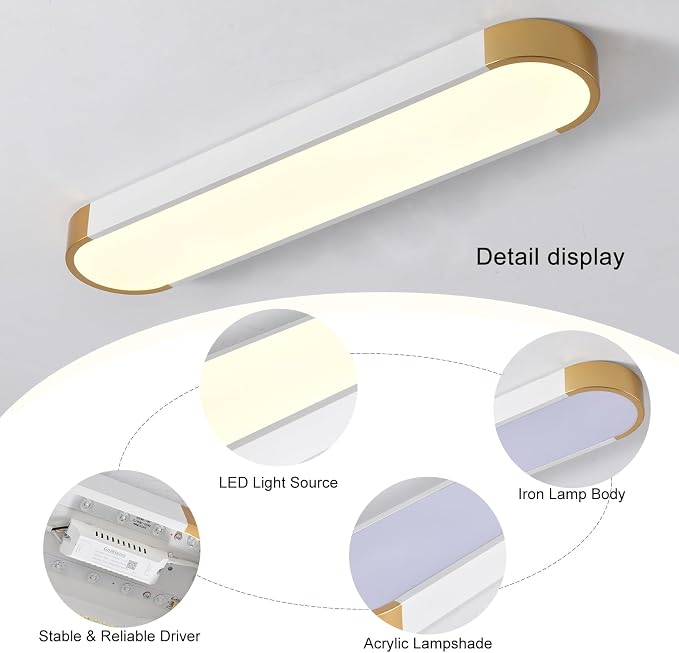Tioolo Dimmable LED Ceiling Light with Remote 42W Kitchen Lighting Fixtures Ceiling White and Gold Long Ceiling Light Fixture 27.5 Inch Flush Mount Ceiling Lights for Kitchen Dining Room Hallway