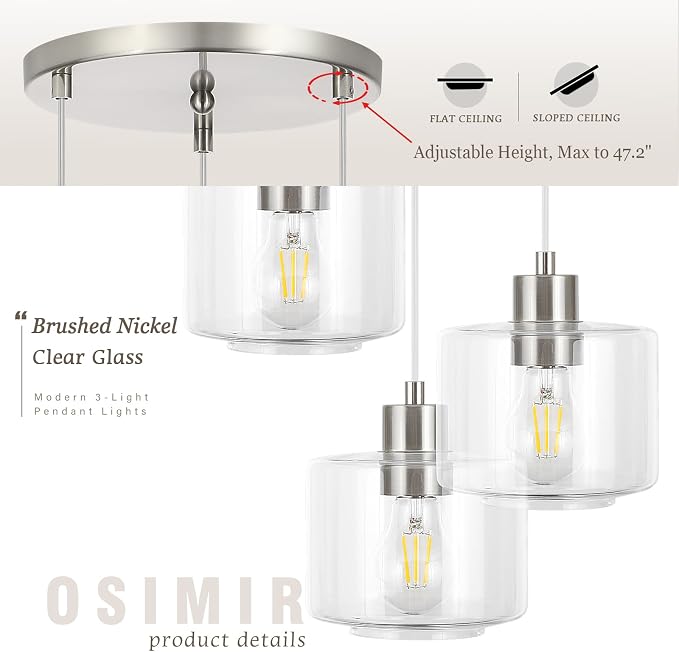 Brushed Nickel Dining Room Chandelier Light Fixture, 3-Light Pendant Lighting with Clear Glass, Modern Kitchen Island Cluster Hanging Pendant Lights for Kitchen Dining Room, OS-YQ8153-3BNC