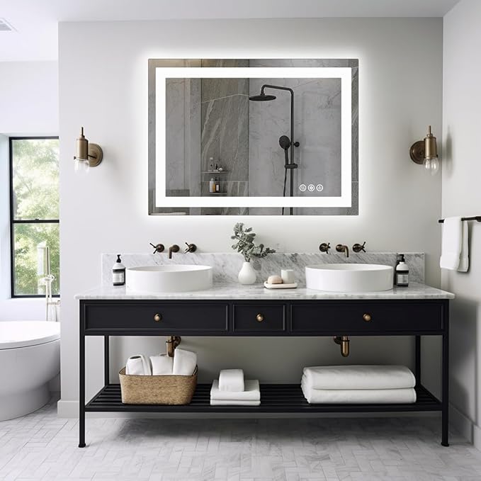 Simple Deluxe LED Bathroom Mirror 32x40 Inch Tempered Glass - Frameless LED Backlit Lighted Mirror for Bathroom Vanity with Anti-Fog, 3 Colors Dimmable, Memory Function, Wall-Mounted