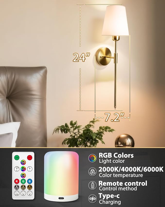 Adetu Wall Sconces Set of 2, Battery Operated Wall Sconce | 10000mAh Magnetic Bulbs and Remote, RGB & 5%-100% DimmableRechargeable Wall Lights for Bedroom Living Room Hallway Decor