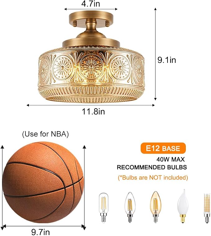 3-Light Semi Flush Mount Ceiling Light, Brushed Antique Brass Vintage Ceiling Light Fixture, Hallway Lighting Fixture with Amber Glass, 12In Bedroom Ceiling Mount Light for Kitchen Bathroom, E12*3