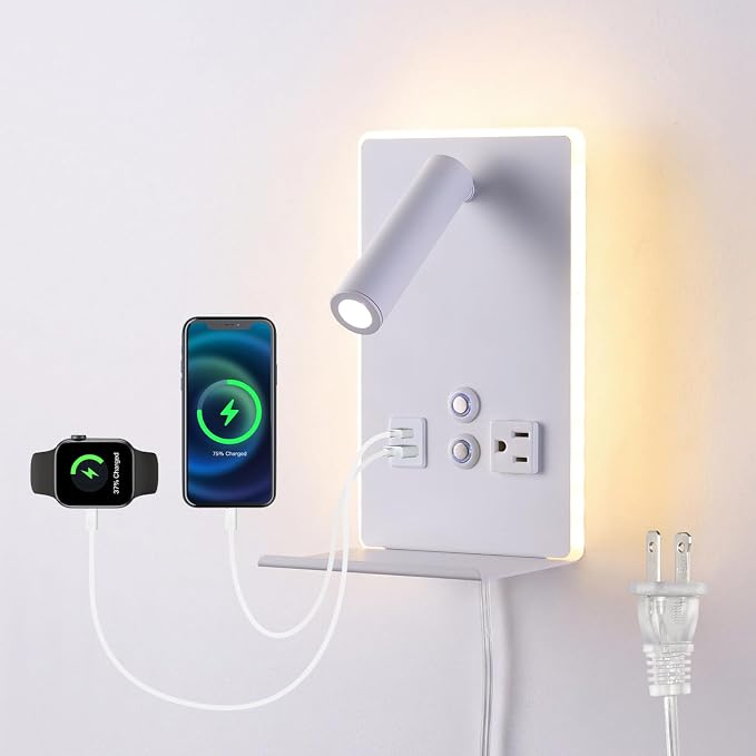 Wall Mounted Reading Light with Shelf - 3 Color Dimmable LED, 360° Adjustable Wall Lamp for Bedroom/Study, Touch Control (White)