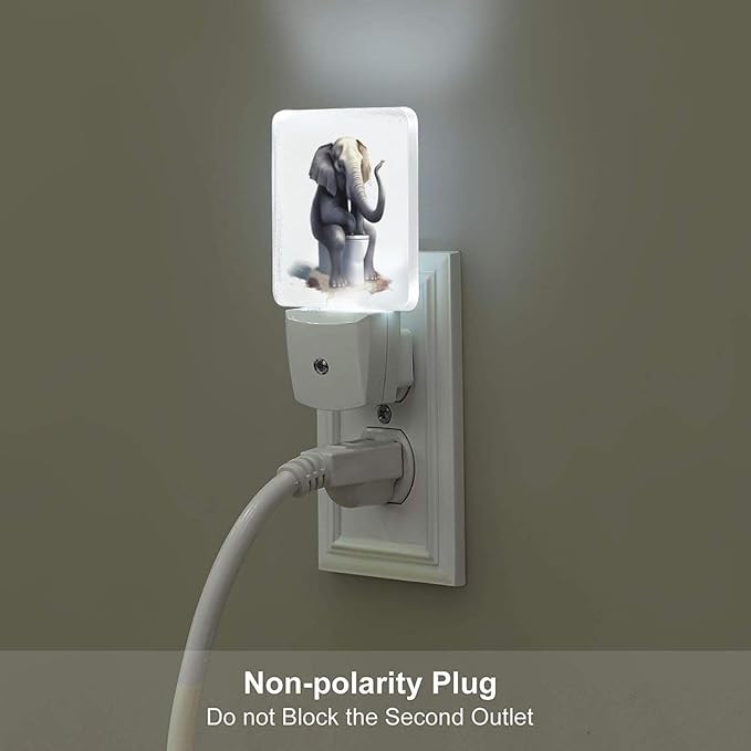 Funny Animal LED Plug-in Night Light 2-Pack, Auto Sensor Emergency Elephant Sitting Nightlights Set of 2 for Dawn Bedroom Kitchen/Dusk Bathroom/Night Stairs Hallway Toilet