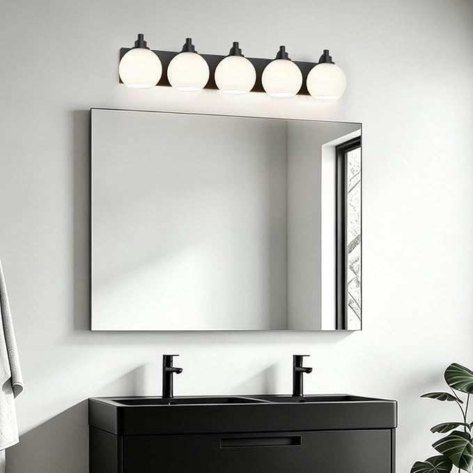 IZORRO Bathroom Light Fixtures, 5-Light Matte Black Vanity Light, Modern Wall Sconces with Globe Milk White Glass Shade, Vanity Lighting Fixtures Over Mirror,E26 Bulb Socket