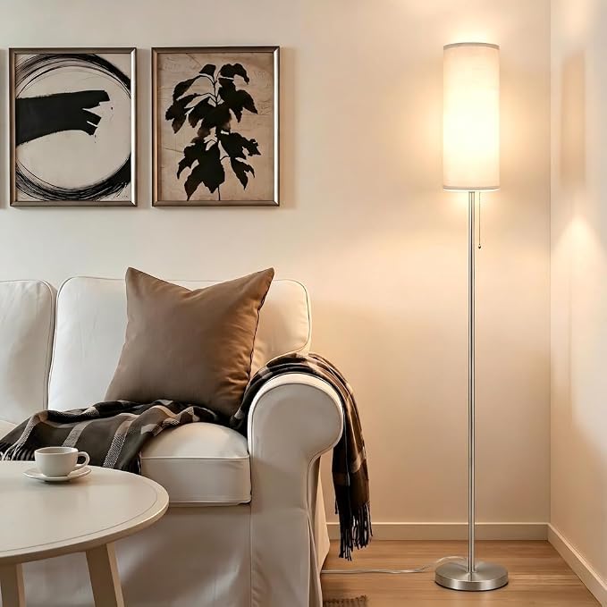 Ldeco Floor Lamp for Living Room, Modern Standing Lamps with Lampshade, Minimalist Tall Lamp with Chain Switch for Living Room, LED Bulb Included (Nickel Body+Beige Shade)