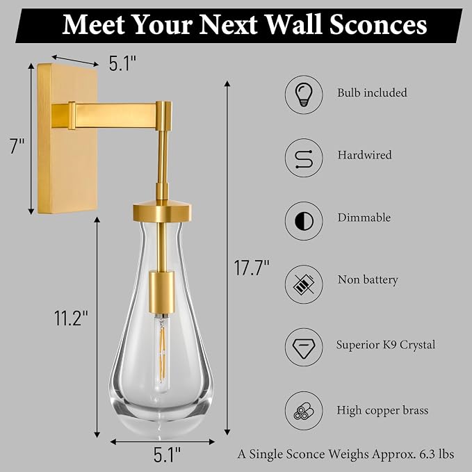 Raindrop Brass Crystal Wall Sconce: Set of 2 Gold Bathroom Decor Sconces | Clear Solid Indoor Large Lights with Bulb, Luxury Modern Light Fixture, Dimmable Vanity Lamp for Living Room Bedroom Bedside