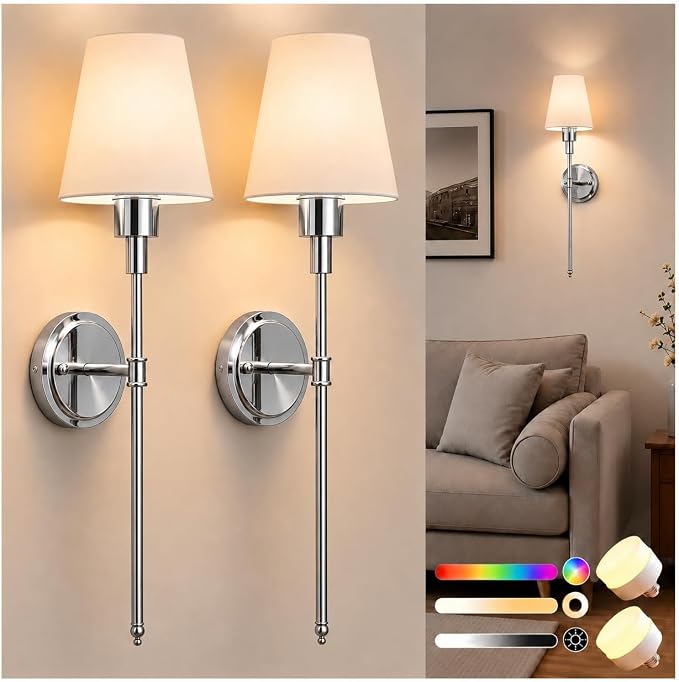 Battery Operated Wall Sconce: Set of 2 Wireless Wall Light 12000mAh | 15 Color Rechargeable Wall Sconces, Sconce Wall Decor Set of 2 for Bedroom, Living Room, Chrome, 24.6in