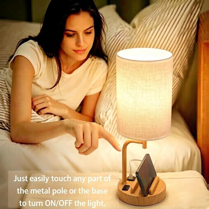 Dreamholder Touch Control USB Table Lamp with USB C/A & AC Outlet, 3-Way Dimmable Bedside Lamp, Modern Nightstand Lamps for Bedroom Living Room Guest Room Office, Bulb Included, Woodgrain