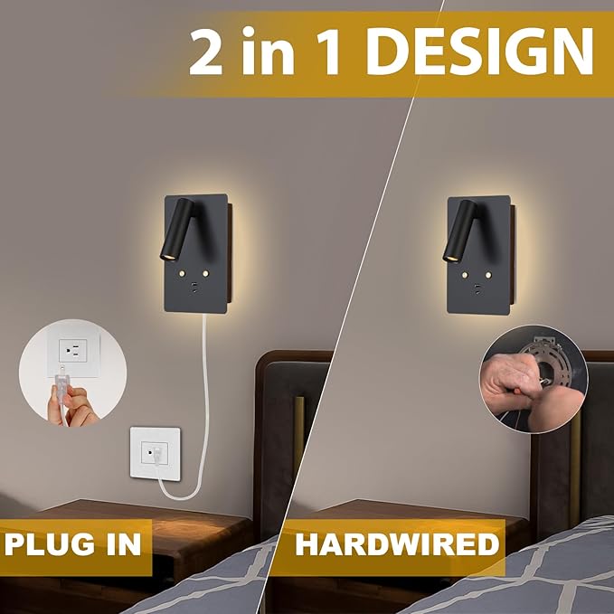 ZEROUNO Dimmable Wall Mounted Reading Light Set of 2,Adjustable Headboard Plug in Wall Sconce with USB A+C Ports,Touch Control Wall Light for Bedroom Bedside Lamps