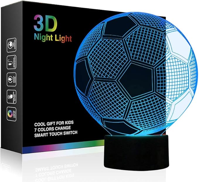 Wiscky Soccer Night Lights for Kids 3D Illusion Football Lights Lamp 7 LED Colors Changing Touch Table Desk Lamps Decorative Lighting Cool Toys Gifts Birthday Holiday Xmas Gifts Sports Theme Fans
