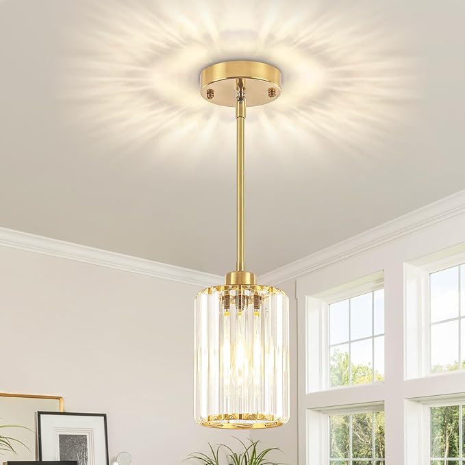 Modern Crystal Pendant Lights Kitchen Island, Brushed Brass Pendant Lighting Over Island Kitchen Hanging Light Fixtures Adjustable Mini Pendant Light for Dining Room Bathroom Entryway Hallway Foyer