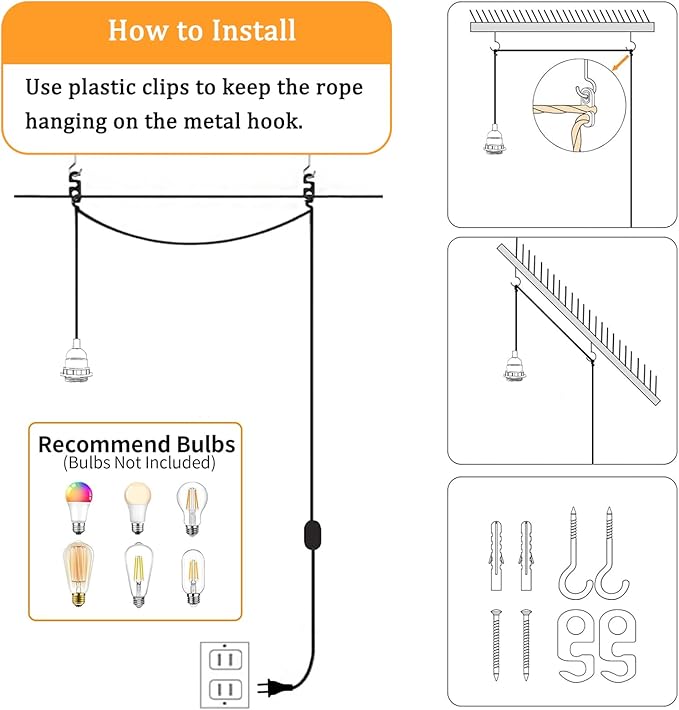 Vintage Plug in Pendant Light with Hemp Rope Cord 16.4 ft, 1-Light Hanging Light Cord Kit with On/Off Switch Farmhouse Black E26 Lamp Socket