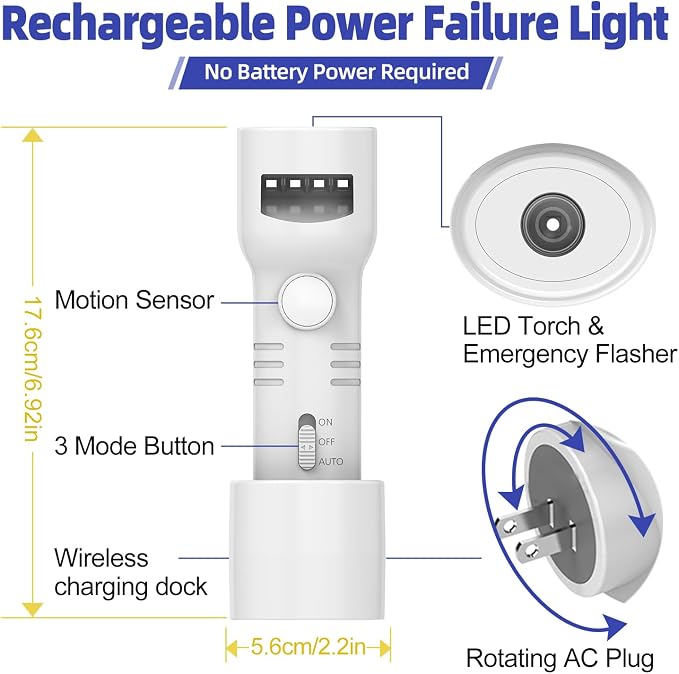Plug-in LED Night Light Rechargeable Emergency Flashlight 2 Pack | 4-in-1 battery backup night light with a built-in motion sensor, automatically turning on during power outages
