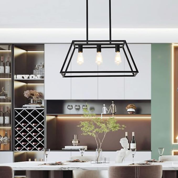 Kitchen Lighting Fixtures Ceiling Hanging Modern Linear Hanging Matte Black 3-Light Industrial Pendant Lighting for Kitchen Island