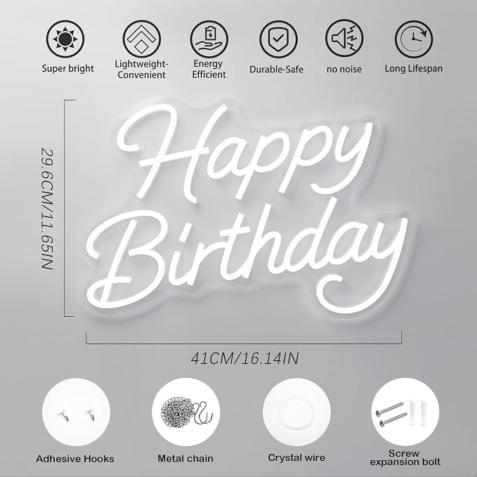 Happy Birthday Neon Sign for Backdrop Dimmable Happy Birthday Light Up Sign | LED Cool White Neon Happy Birthday Sign for Birthday Party Backdrop, Any Ages Bday Party Celebration, USB Powered, Hanging