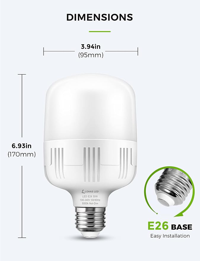 L LOHAS LED Super Bright Light Bulbs, 250-300W Equivalent | 3400LM E26 Garage LED Bulb, 3000K Soft White, 30 Watt High Lumen LED Bulb, w/E39 Adapter for Commercial Warehouse Factory Bac