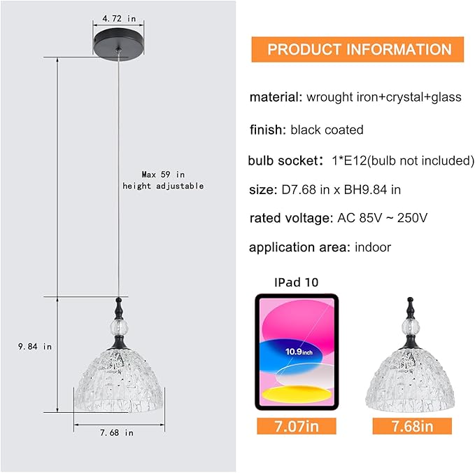 Modern Black Clear Glass Pendant Light 7.68 inch Small Kitchen Island Hanging Light Fixture with Crystal for Sink Bar Dining Room Bedside Set of 3 lámparas colgantes para isla de cocina