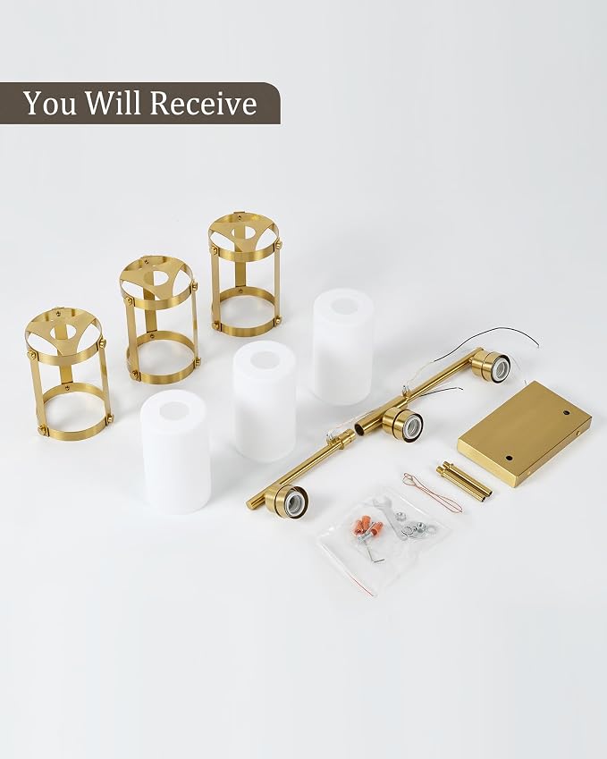 3-Light Brushed Gold Bathroom Light Fixtures with Milk Frosted Glass, 21" Modern Bathroom Vanity Lighting Fixtures Over Mirror with Metal Cage, Wall Sconce Lights for Bath, E26, OS-3014BGW-3W
