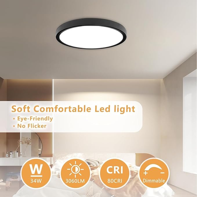6PK Dimmable 15.8 Inch Led Ceiling Light Flush Mount, 34W, 3060LM, 3000K/3500K/4000K/5000K/6500K CCT, 0.98" Super Slim Close to Ceiling Round Flat Panel Light for Hallway,Kitchen ect, Black