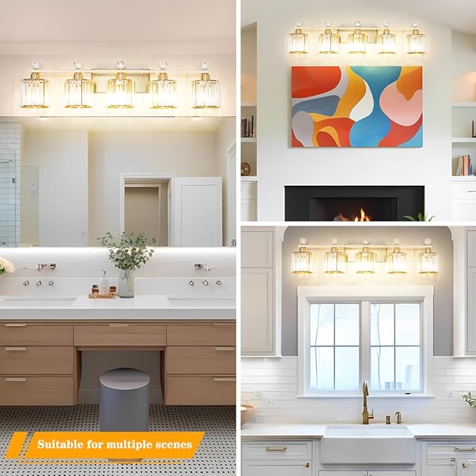 Bathroom Vanity Light Fixtures 5-lights, Gold Crystal Vanity Lights for Bath, Bathroom Lights Fixture with Clear Crystal Glass Shade, Modern Wall Light over Mirror, Wall Sconces Light for Hallway
