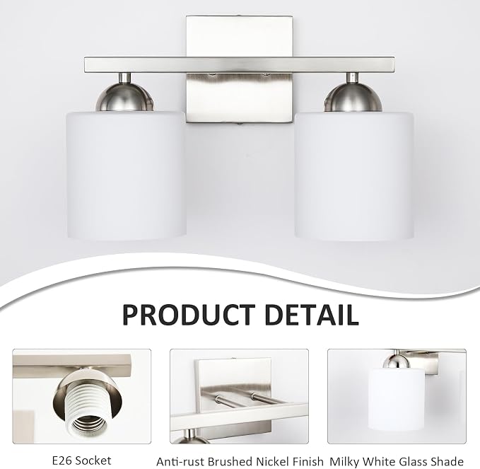 2 Light Brushed Nickel Vanity Lights for Bathroom, Modern Bathroom Light Fixtures Over Mirror, Vanity Light with Milky White Glass Shades, Farmhouse Wall Lights, E26 Socket