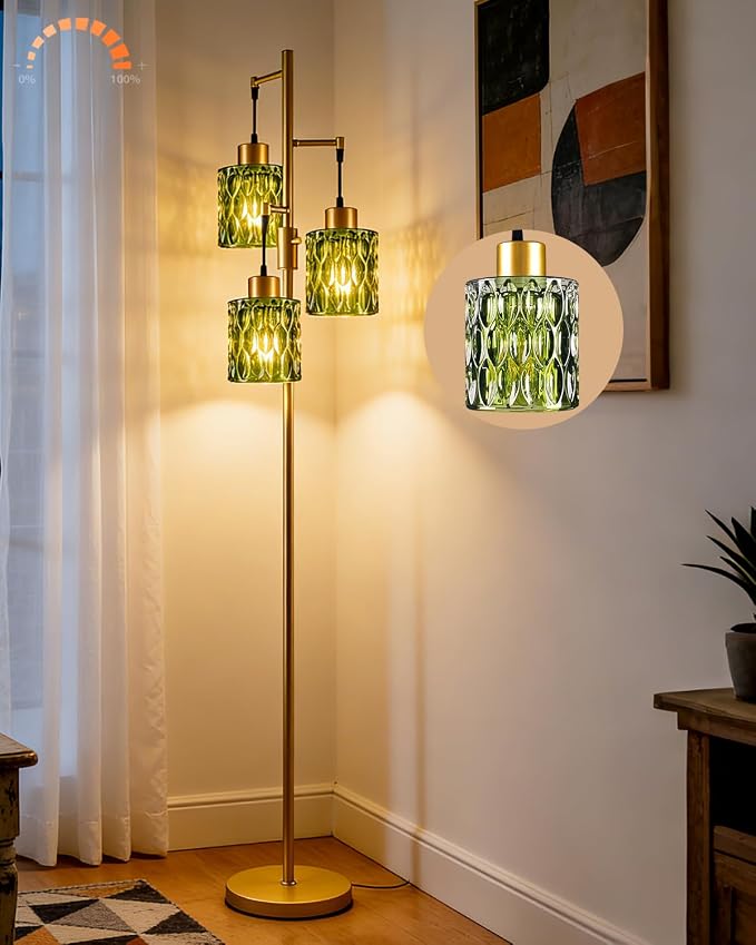 Lightdot 67" 3-Light Glass Floor Lamp for Living Room, Dimmable with Green Glass Shade & E12 Bulbs Included, Mid Century Standing Tall Lamp with 5Lbs Heavy Base for Bedroom/Sofa Beside/Corner - Gold