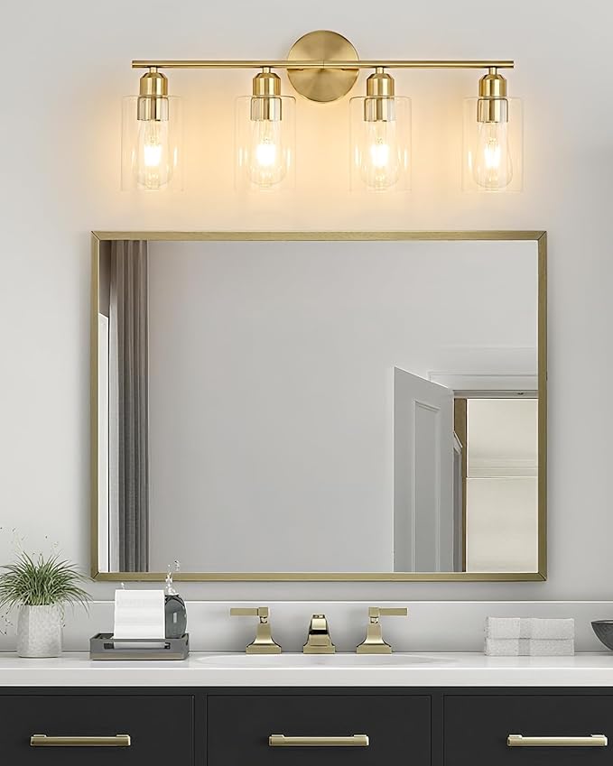 4-Light Bathroom Light Fixtures, Gold Bathroom Vanity Lights, Bathroom Lighting Fixtures Over Mirror with Clear Glass Shade, Wall Sconce Light for Bedroom, Living Room and Hallway