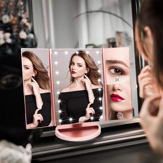WEILY Makeup Mirror with 21 LED Lights,Two Power Supply Modes | Touch Screen and 1x/2x/3x Magnification Tri-Fold Vanity Mirror for Makeup Desk(Rose Gold)