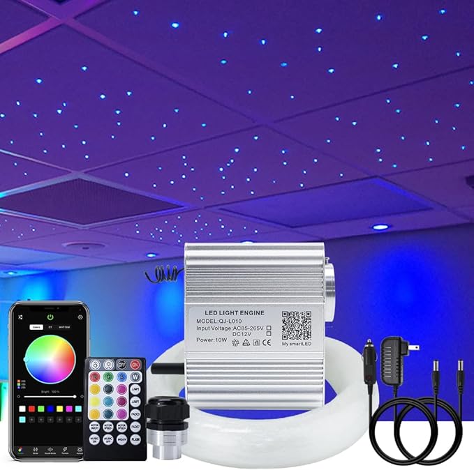 AKEPO 10W Fiber Optic Lights kit Twinkle+ APP Control + Music Effect for Star Ceiling Sky Light Car Home Use, RGBW Light Engine+Optical Fiber Cable 375pcs of 9.8ft/3m(0.03+0.04+0.06in)+28key Remote