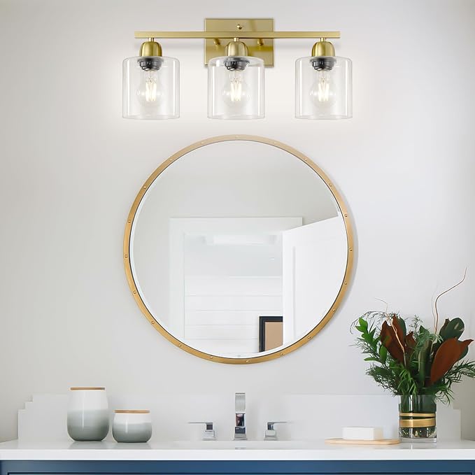 Modern Brushed Gold 3 Light Bathroom Light Fixtures, 19 inch Vanity Lights for Bathroom with Clear Glass, Bathroom Lighting Fixtures Over Mirror for Mirror Kitchen Living Room