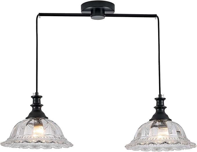 HDDFL 2 Light Pendant Light Fixtures Modern Glass Hanging Lights with Adjustable Cord for Kitchen Island Dining Room Living Room Hallway Black and Clear