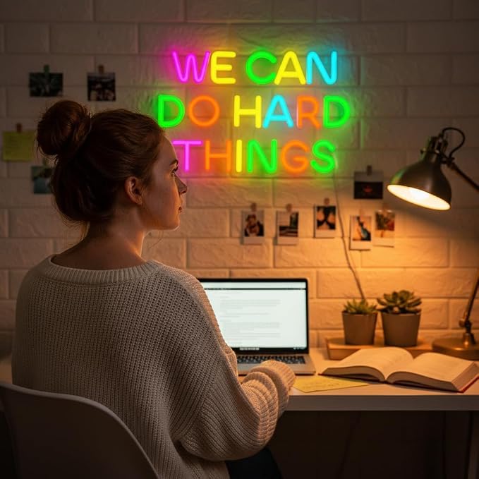 We Can Do Hard Things Neon Sign, Motivational LED Classroom Neon Light | Dimmable USB Powered Colorful Neon Light for Inspirational Classroom, Bedroom, Dorm, Office Decor, Teacher Gift, Student Gift