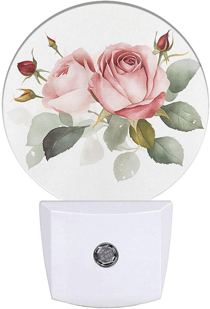 Retro Rose Night Light Floral Blossom Pink Rose with Green Leaf Flower Bouquet LED Dusk to Dawn Plug-in Nightlight Auto Sensor for Bedroom Bathroom Hallway Living Room