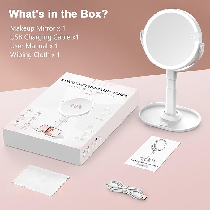 Lighted Makeup Mirror with 10X Magnification, Rechargeable LED Magnifying Vanity Mirror with 3 Lights, Adjustable Height, Storage Base and Phone Holder, White, 8 inch