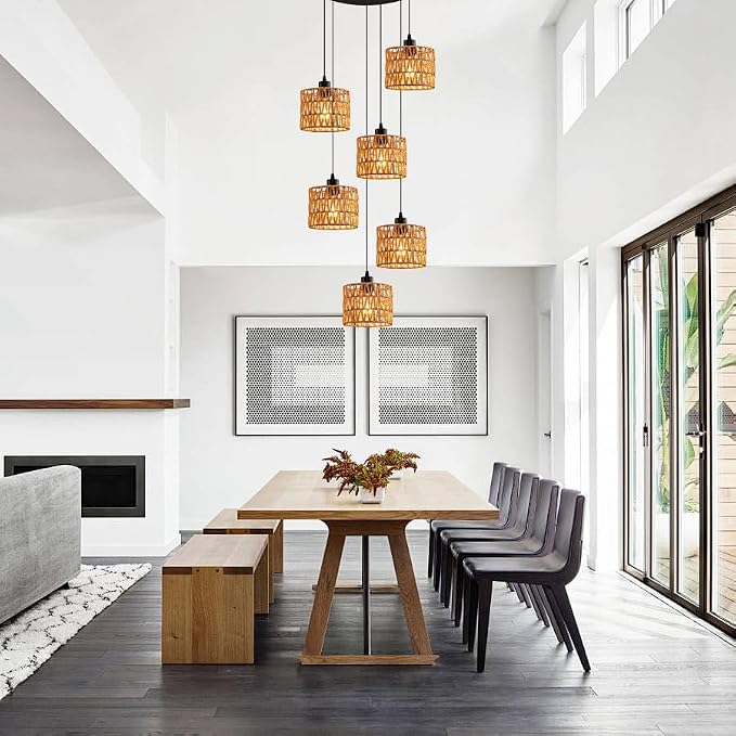 6-Light Coastal Chandelier Hand Woven Wicker Ceiling Lamp E26 Base Black Rustic Adjustable Long Staircase Hanging Lights for Farmhouse Kitchen Island, Boho Rattan Light Fixture