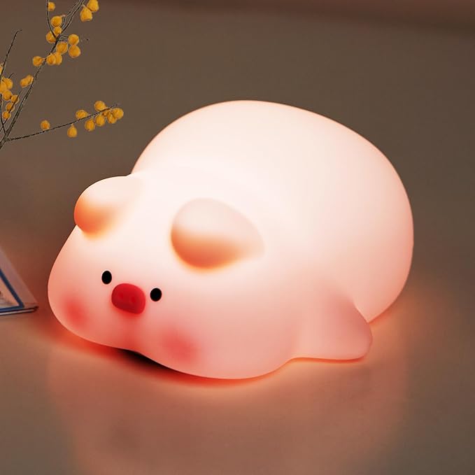 VTIGER Pink Pig Night Light, LED Squishy Cute Lamp,Night Light for Kids,Silicone Pig Light, Dimmable Girls Baby Bedroom Nightlight, Rechargeable Piggy Touch Lamp for Breastfeeding Nursery Decor