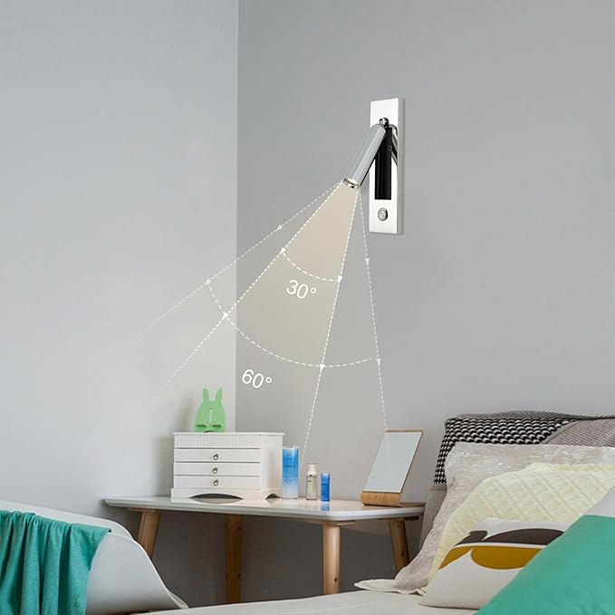 LED Bedroom Lamp Headboard Wall Light Sconce, Bedside Reading Light Recessed Push Switch Wall Lamps, Hotel Bed Side Decorative Wall Sconces Spotlight, 360° Rotatable 92° Foldable (Chrome)