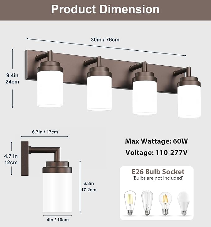Bathroom Light Fixtures, Oil Rubbed Bronze Bathroom Lighting Fixtures Over Mirror, Modern Vanity Light with White Glass Shade, Restroom Lighting Fixtures, 4-Light 30-inch