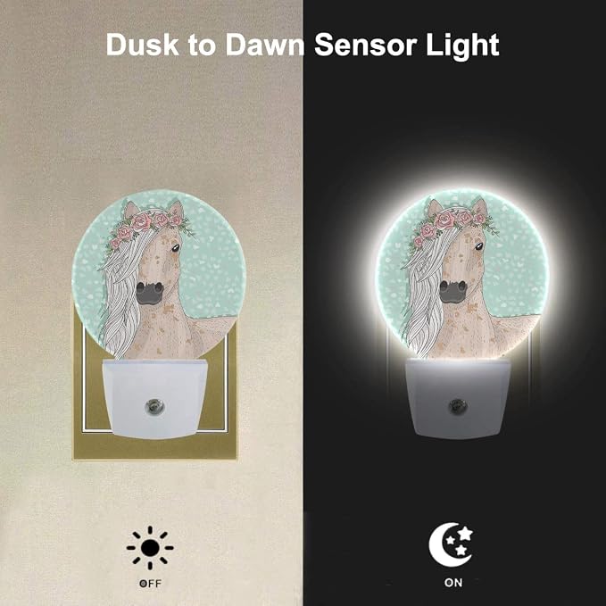 EKOBLA Watercolor Horse Night Light, Horse with Floral Wreath Night Lights Plug Into Wall with Dusk to Dawn Sensor for All Ages