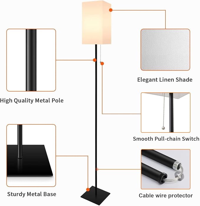 Modern Floor Lamp for Living Room, Tall Black Floor Lamp with Square Linen Shade, Pull Chain Switch and Stable Metal Base, Standing Lamp for Bedroom, Reading Nook and Office, Bulb Included