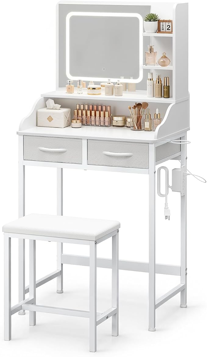 Kitsure 23.9" W Small Vanity Desk with Mirror and Lights, Power Outlet | Bedroom, Girls & Women, Small Vanity with Chair, 3-Mode LED Mirror, Hair Dryer Holder, White