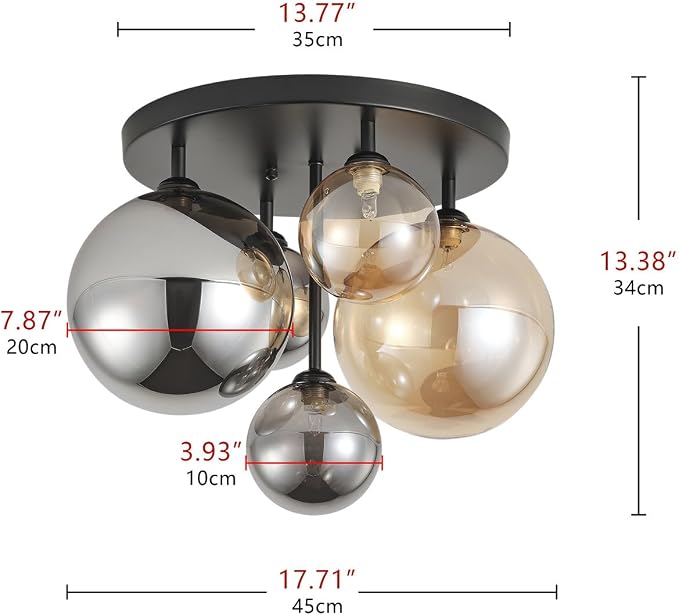 Aiwen 18" 5-Light Black Semi Flush Mount Ceiling Light, Mid-Century Modern | Flush Mount Chandelier with Globe Glass Shade, Farmhouse Ceiling Light Fixture, Cluster Chandelier for Bedroom, Dining Room