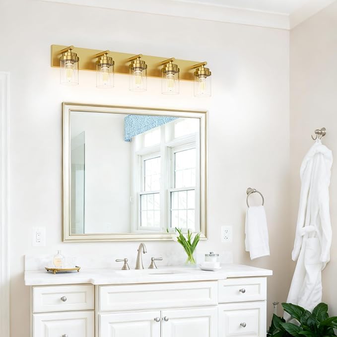 IZORRO Bathroom Vanity Light Fixture, 5-Light 36 Inch Gold Bathroom Light Fixtures Over Mirror, with Clear Glass Shade, Modern Farmhouse Vanity Lights, Rustic Restroom Lighting Fixtures