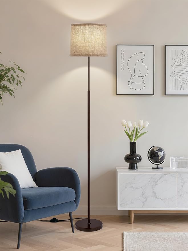 60" Modern Floor Lamp for Living Room Bedroom, Standing Lamp with Oatmeal Linen Lampshade, Tall Lamp with A19 9W 3 Color Temperature Bulb, Foot Switch Control, Brown